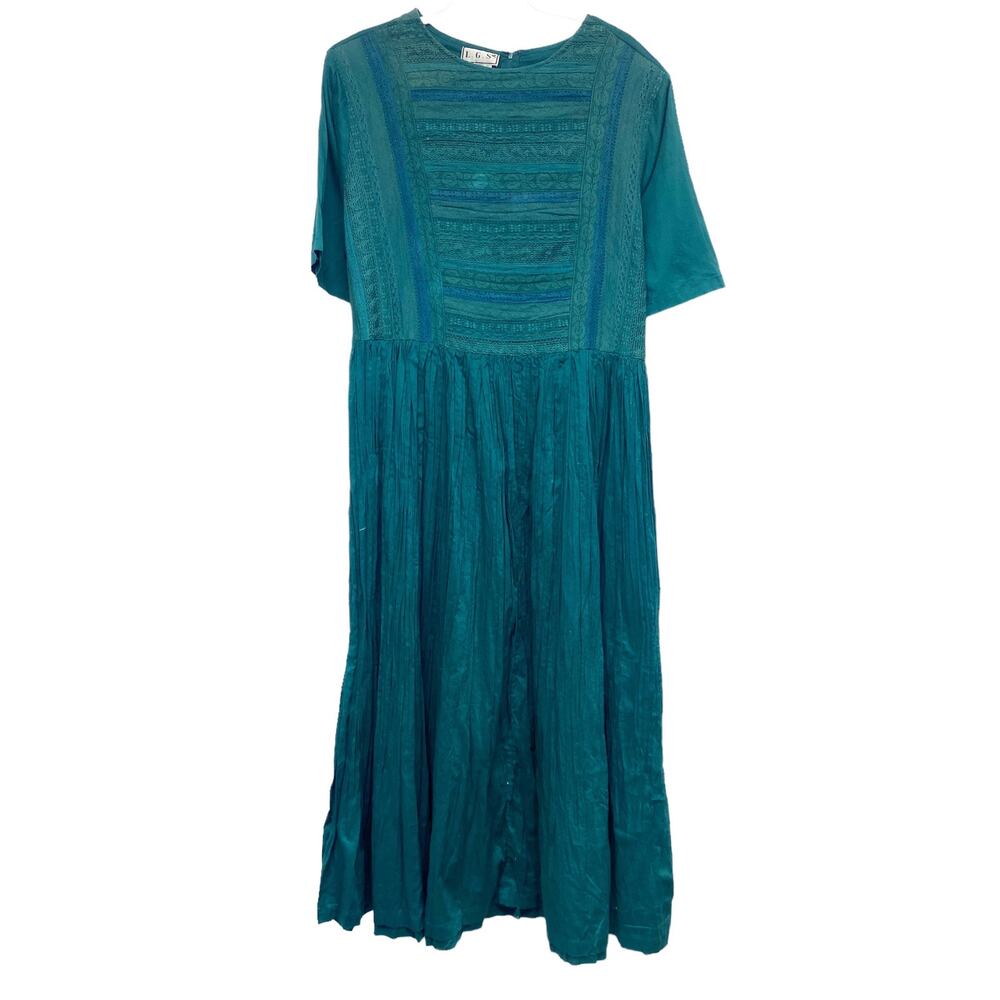 Vintage L.G.S Womens Size 18 Green Lace Detail Short Sleeve Pleated Dress
